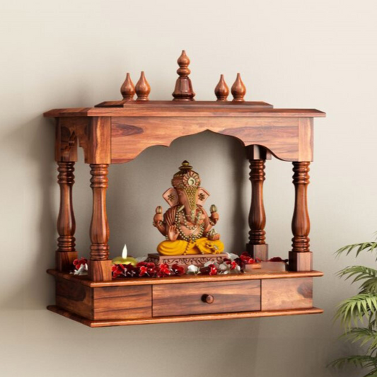 Sheesham Wood Temple for Home | Handcrafted Pooja Mandir – Natural Honey Finish