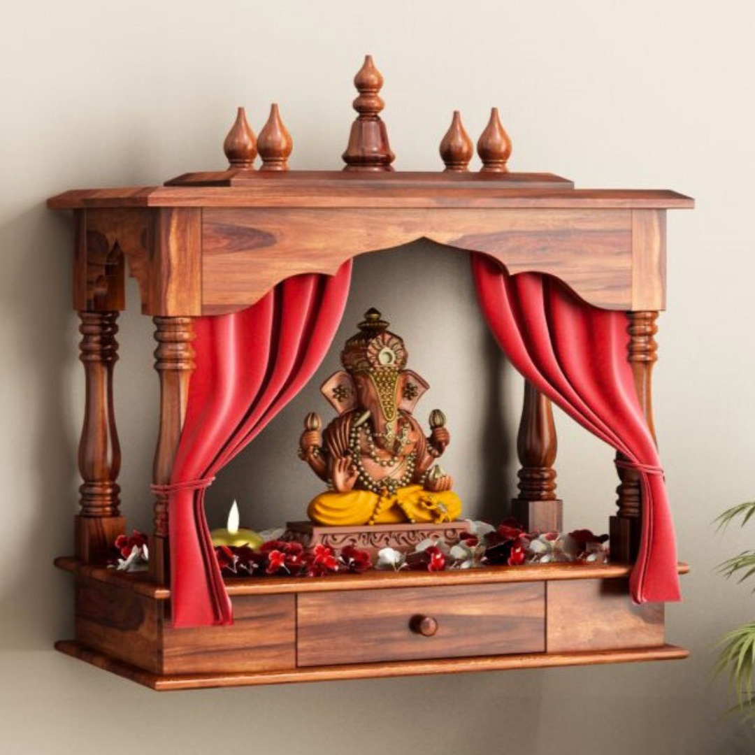 Sheesham Wood Temple for Home | Handcrafted Pooja Mandir – Natural Honey Finish