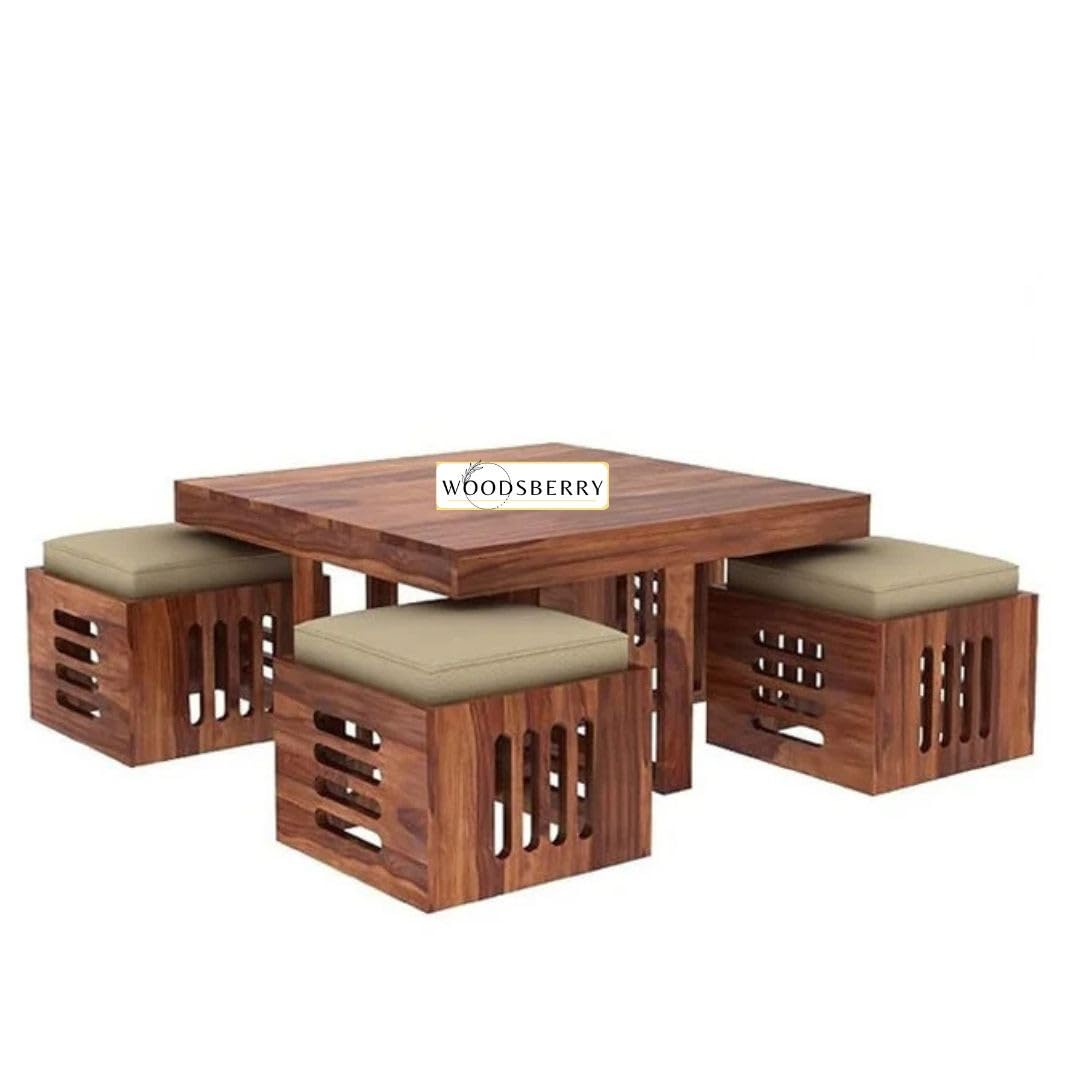 Petlin Sheesham Wood Square Centre Coffee Table with 4 Stool for Living Room