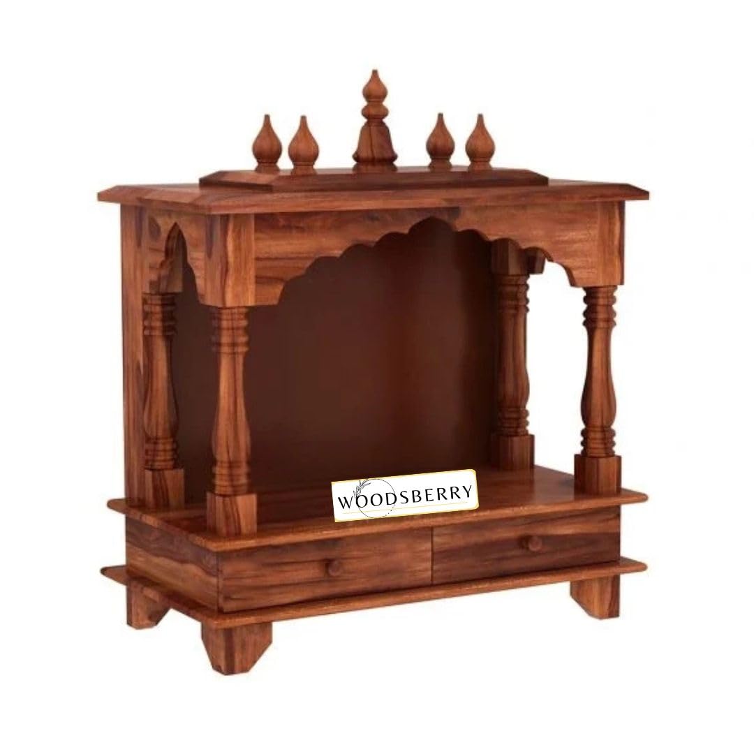 Surbhi Solid Sheesham Wood Temple With Two Drawers - Honey Finish