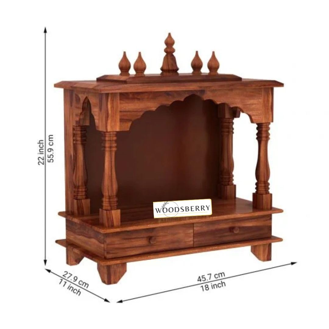 Surbhi Solid Sheesham Wood Temple With Two Drawers - Honey Finish