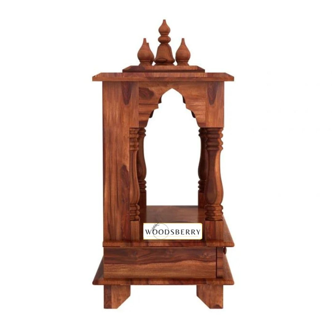 Surbhi Solid Sheesham Wood Temple With Two Drawers - Honey Finish