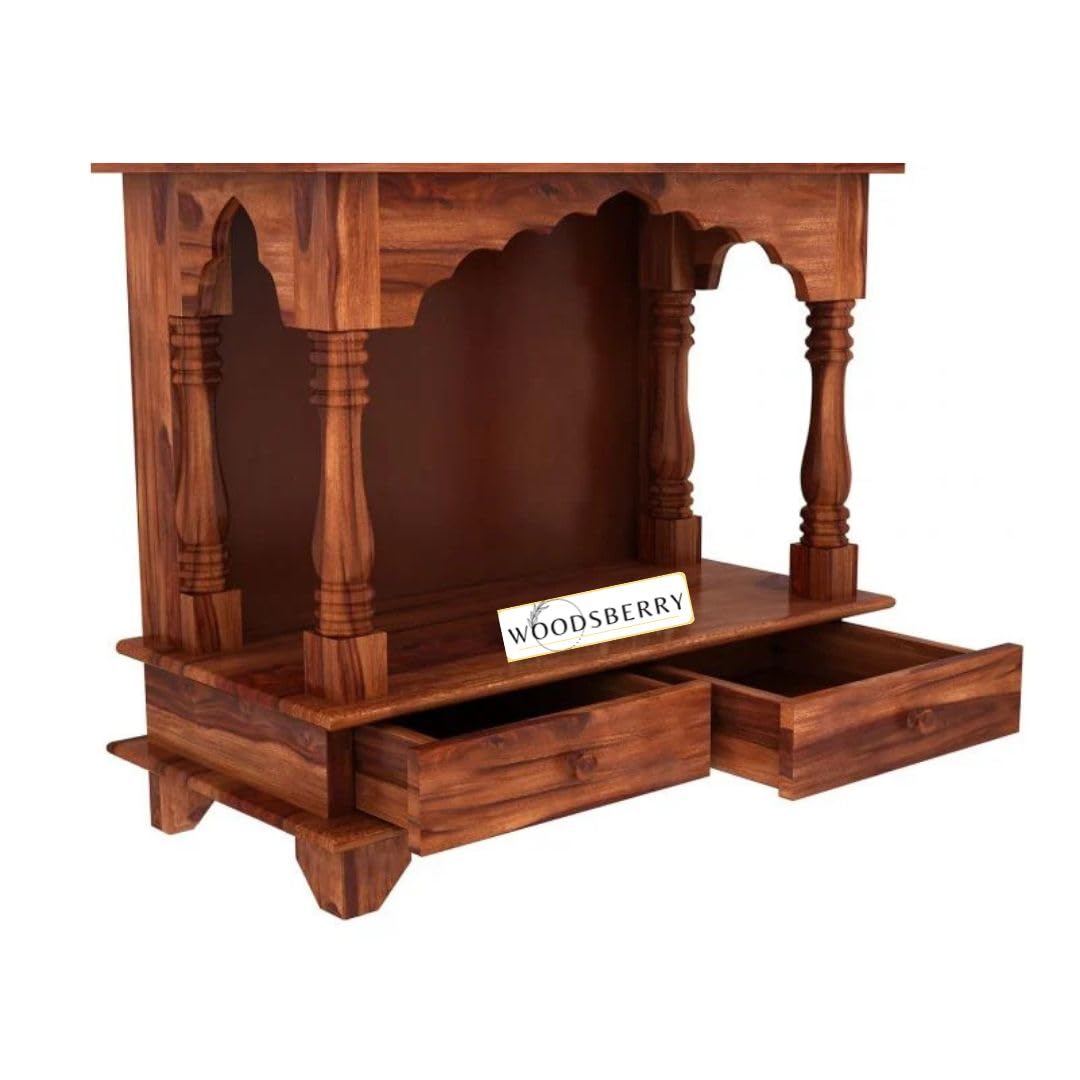 Surbhi Solid Sheesham Wood Temple With Two Drawers - Honey Finish