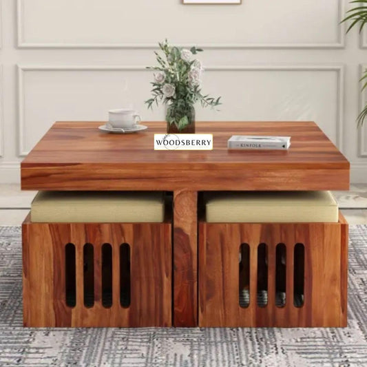 Petlin Sheesham Wood Square Centre Coffee Table with 4 Stool for Living Room