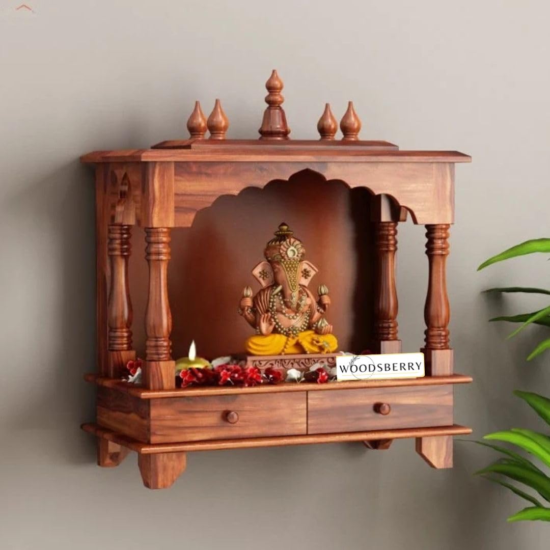 Surbhi Solid Sheesham Wood Temple With Two Drawers - Honey Finish