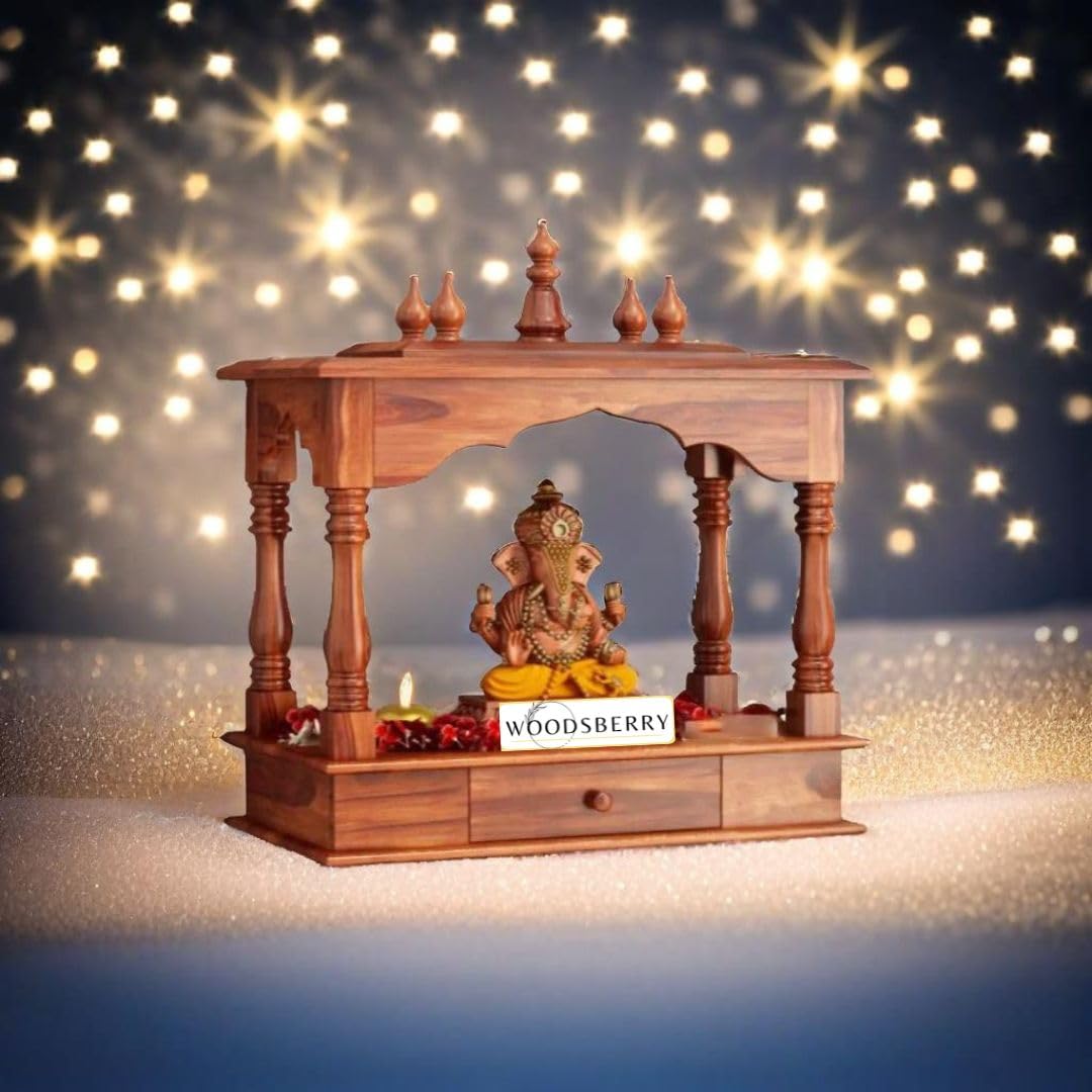 Sheesham Wood Temple for Home | Handcrafted Pooja Mandir – Natural Honey Finish