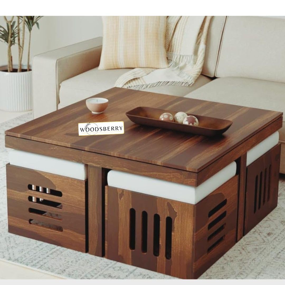 Petlin Sheesham Wood Square Centre Coffee Table with 4 Stool for Living Room