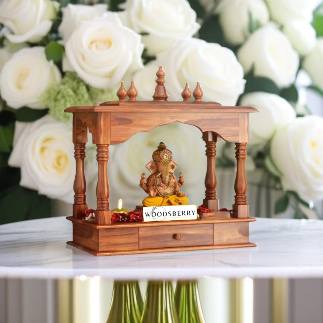 Sheesham Wood Temple for Home | Handcrafted Pooja Mandir – Natural Honey Finish