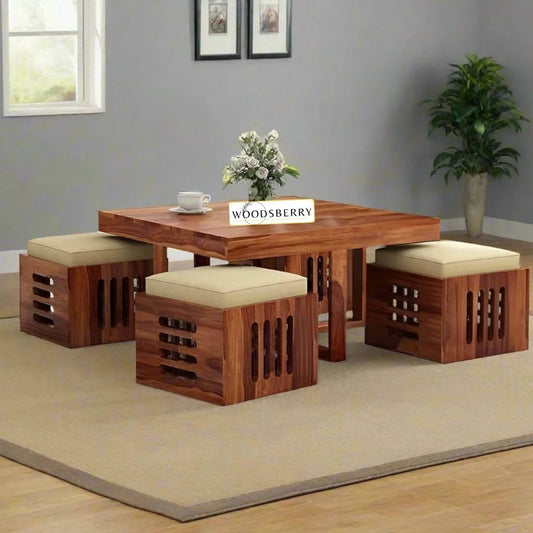 Petlin Sheesham Wood Square Centre Coffee Table with 4 Stool for Living Room