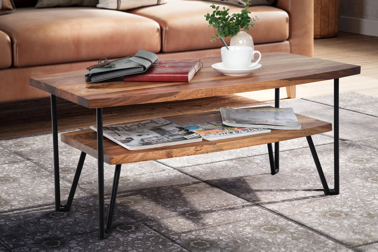 Modern Sheesham Wood Coffee Table With Self And Iron Legs