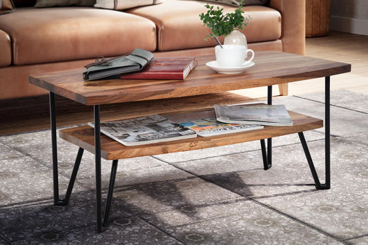 Modern Sheesham Wood Coffee Table With Self And Iron Legs