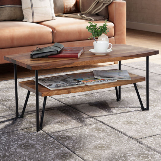 Modern Sheesham Wood Coffee Table With Self And Iron Legs