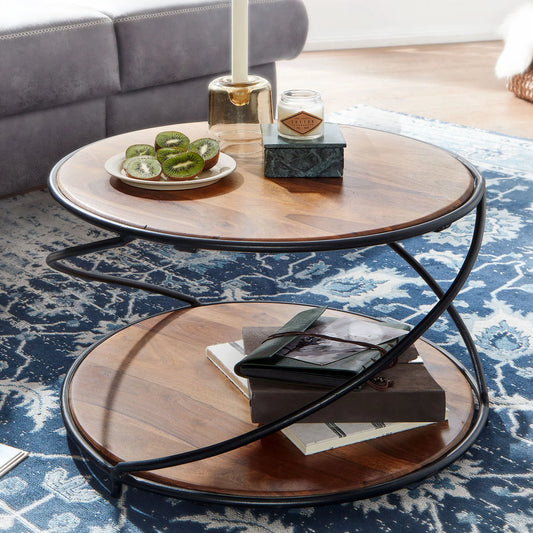 Solid Sheesham Wood Round Coffee Table With Iron