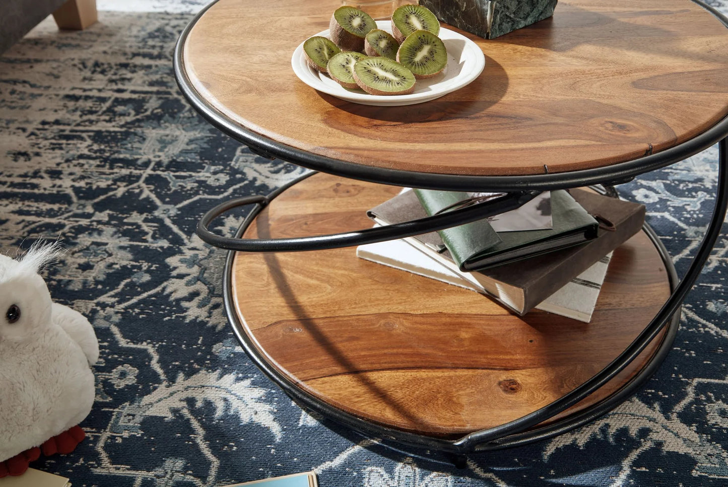 Solid Sheesham Wood Round Coffee Table With Iron