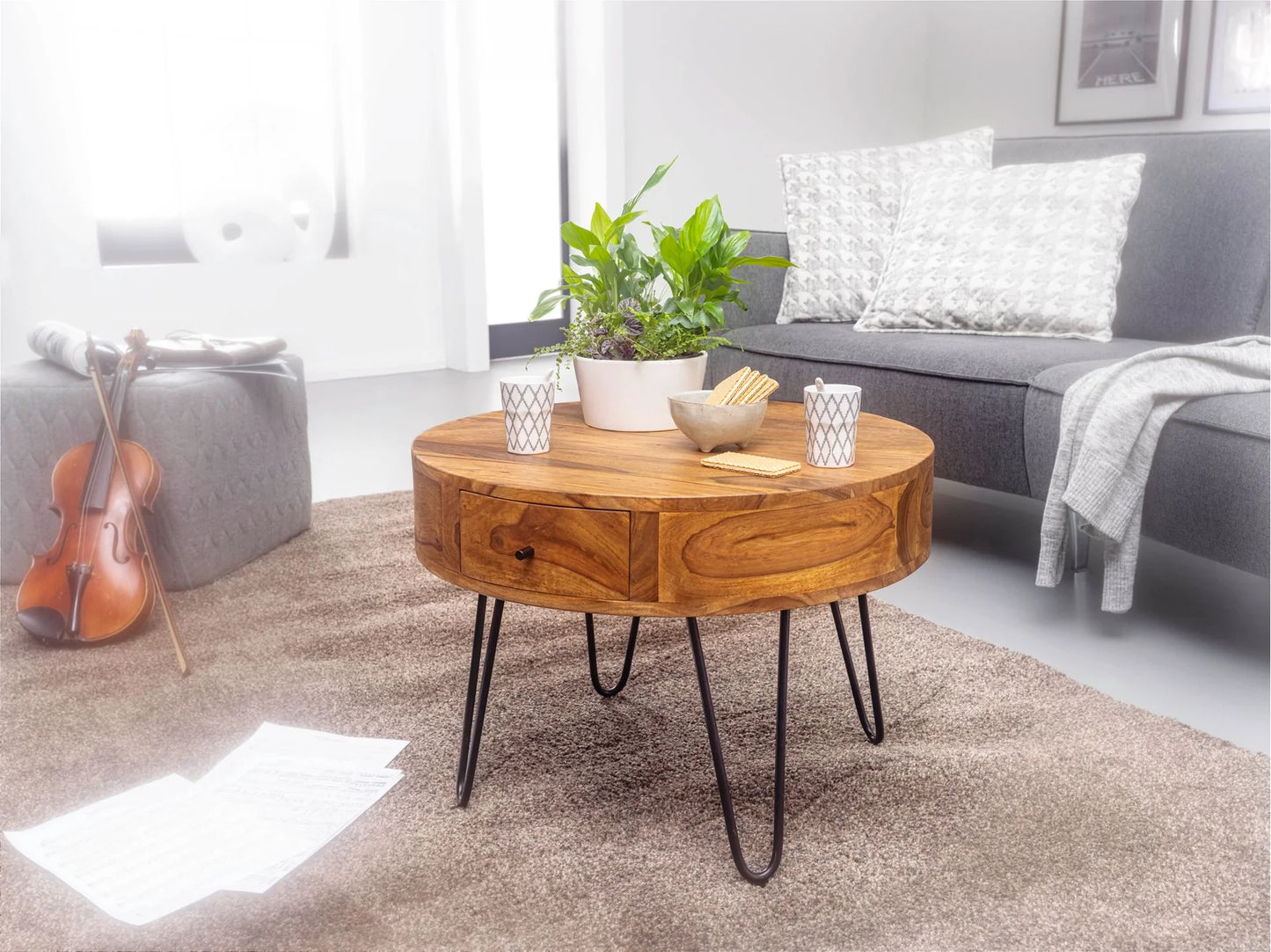 Solid Sheesham Wood Coffee Table With Iron black Legs
