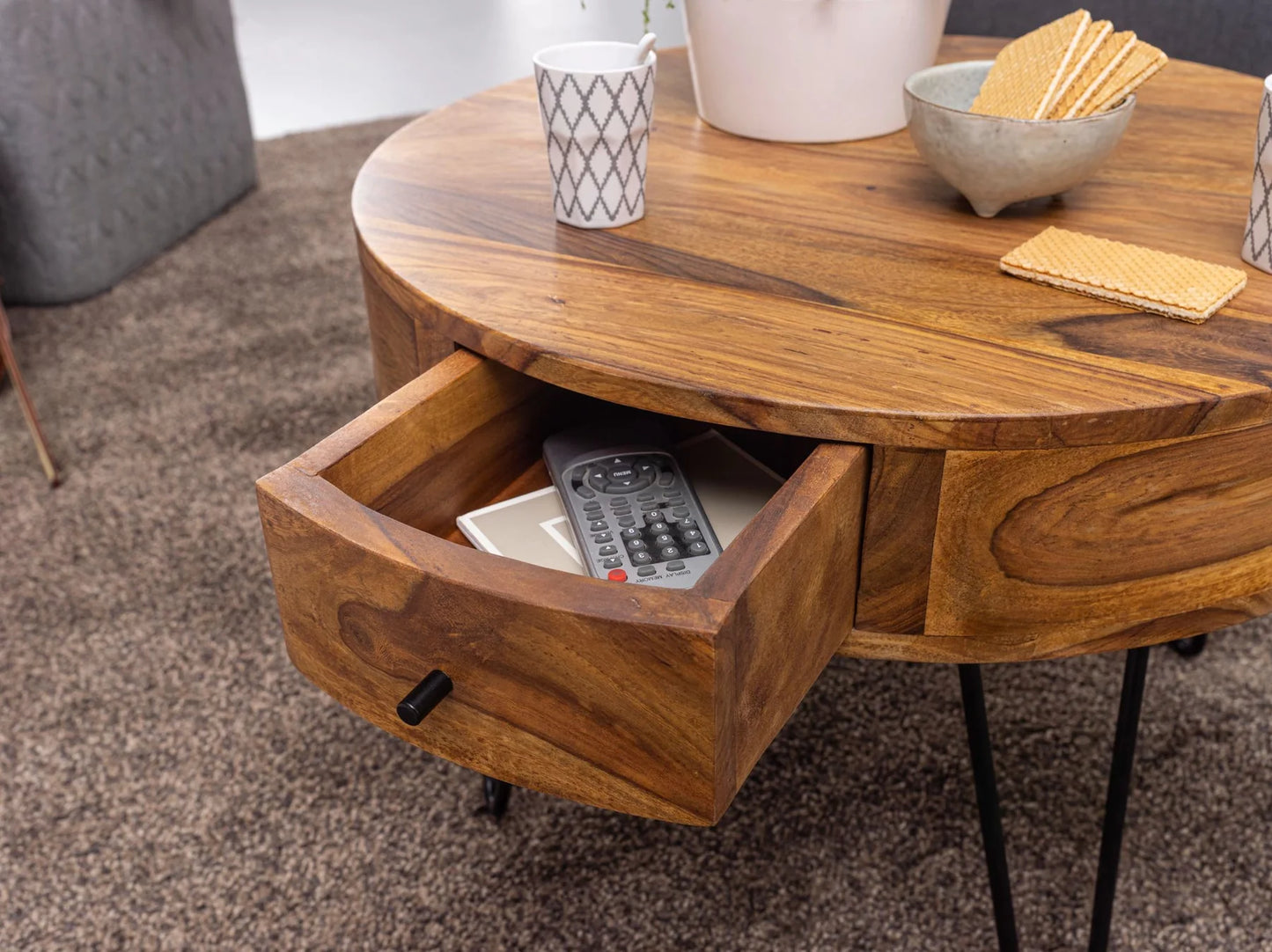 Solid Sheesham Wood Coffee Table With Iron black Legs