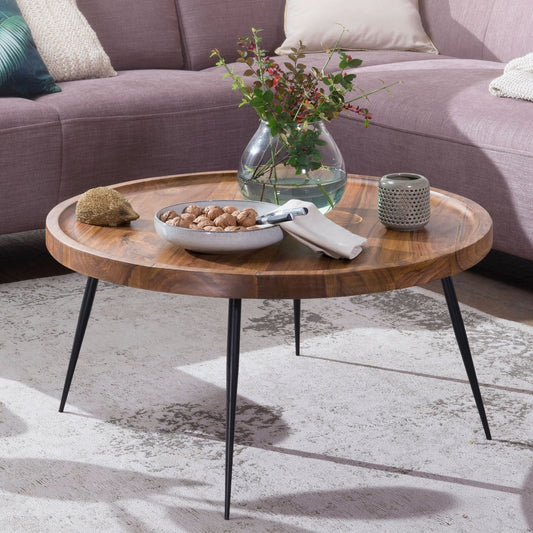 Solid Sheesham Wood Round Coffee Table With Iron Legs