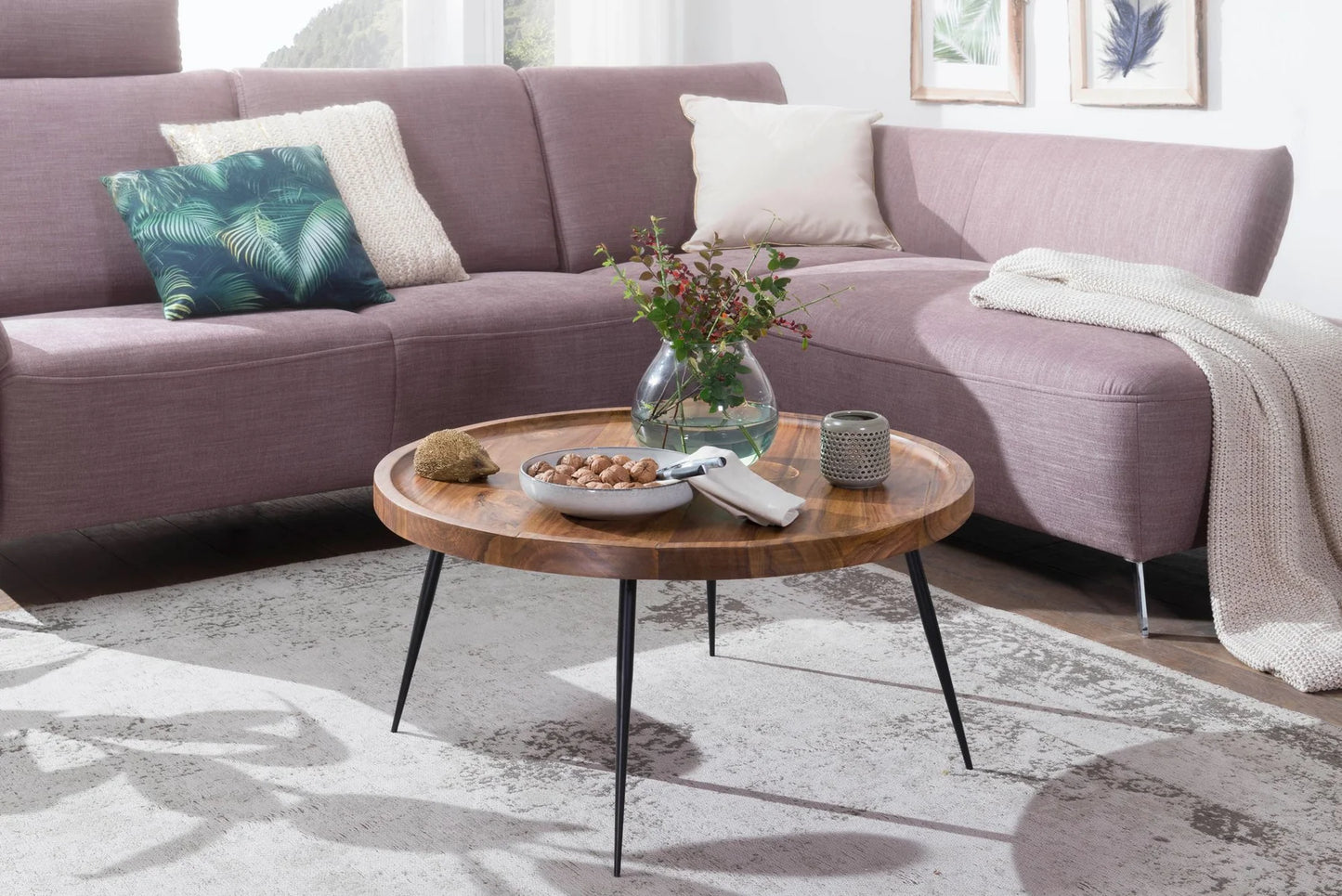 Solid Sheesham Wood Round Coffee Table With Iron Legs