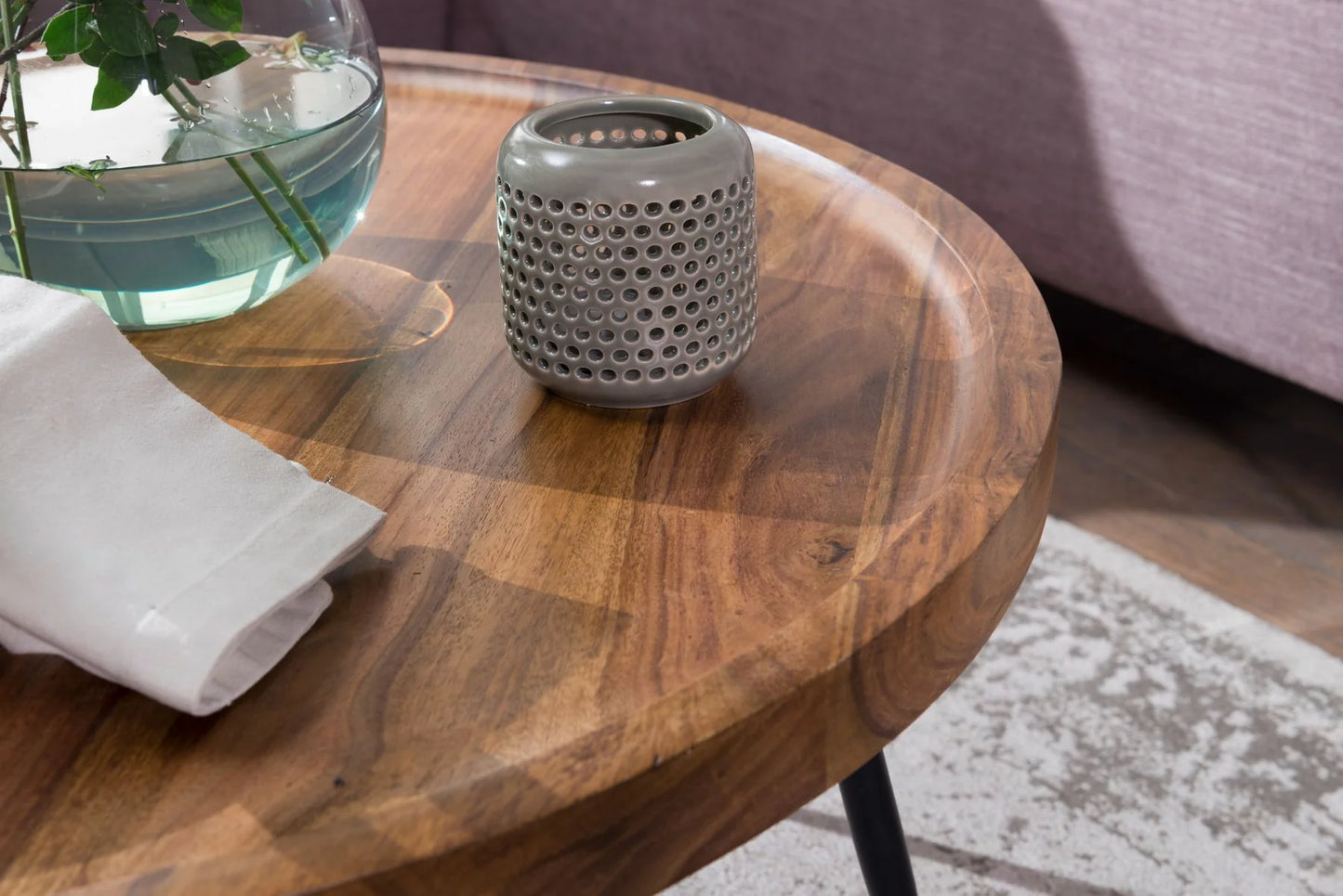 Solid Sheesham Wood Round Coffee Table With Iron Legs