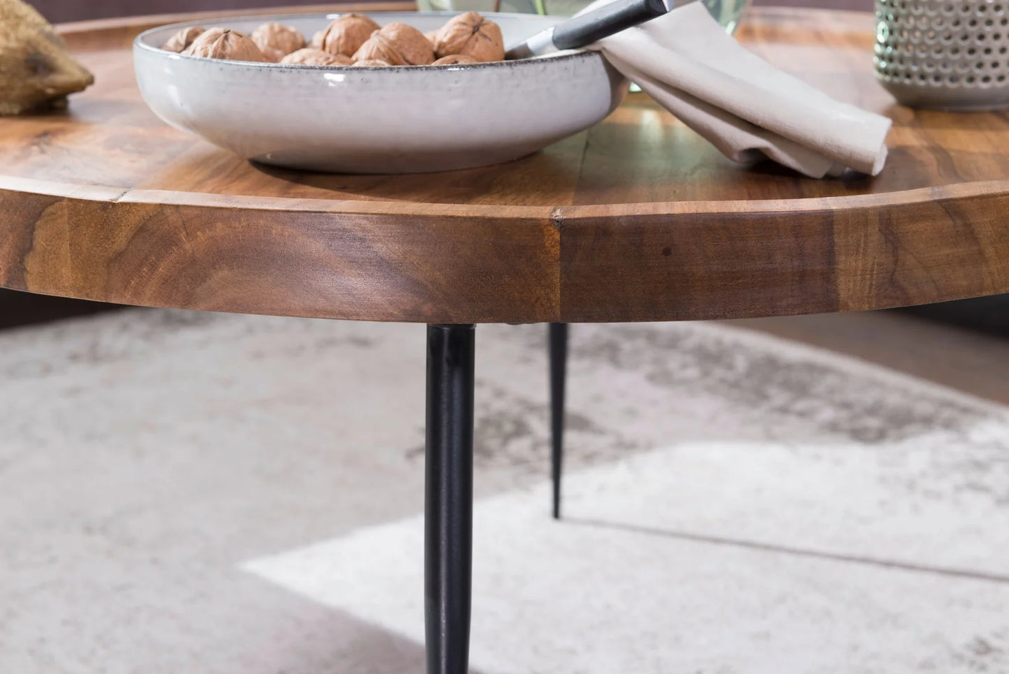 Solid Sheesham Wood Round Coffee Table With Iron Legs