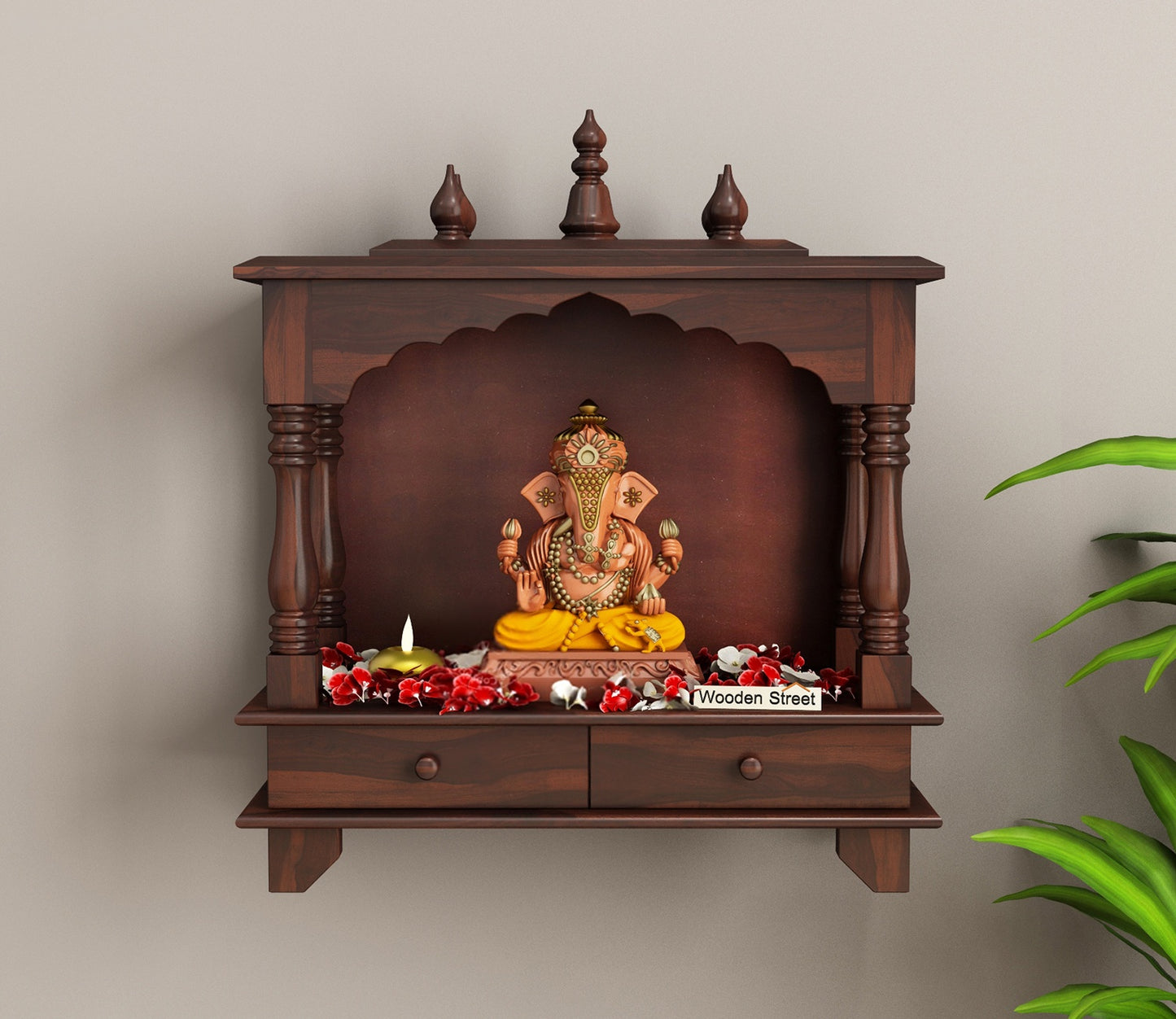Surbhi Solid Sheesham Wood Temple With Two Drawers