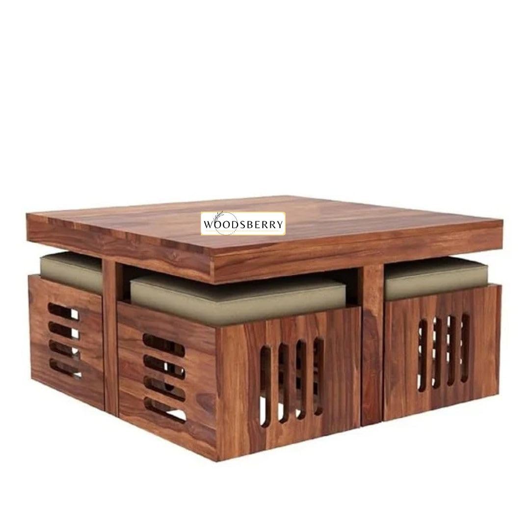Petlin Sheesham Wood Square Centre Coffee Table with 4 Stool for Living Room
