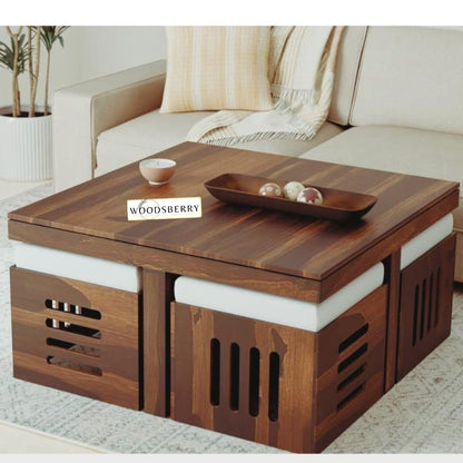 Petlin Sheesham Wood Square Centre Coffee Table with 4 Stool for Living Room