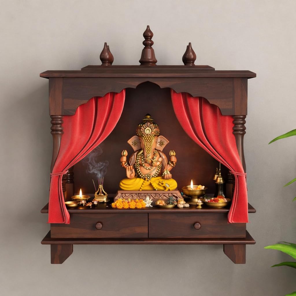Solid Sheesham Wood Temple With 2 Storage Drawers