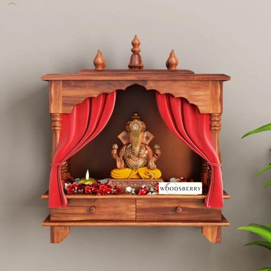 Surbhi Solid Sheesham Wood Temple With Two Drawers - Honey Finish