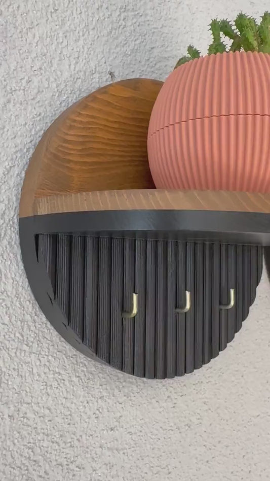 Modern Round Wooden Key Holder with Shelf | Walnut Finish