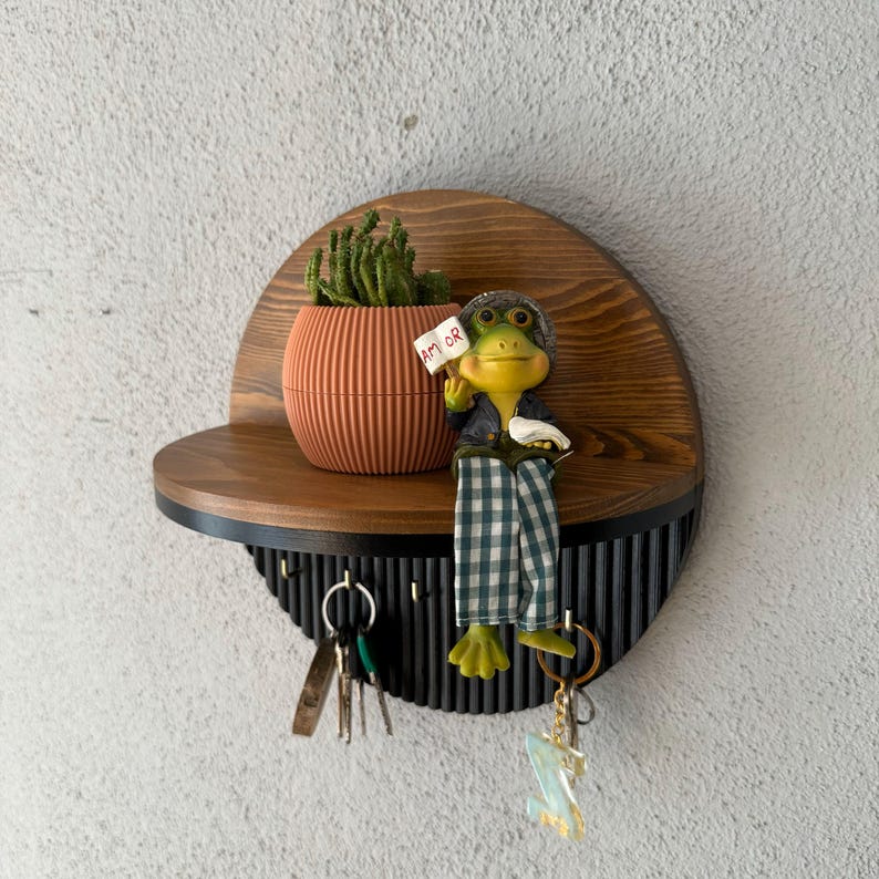 Modern Round Wooden Key Holder with Shelf | Walnut Finish