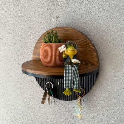 Modern Round Wooden Key Holder with Shelf | Walnut Finish