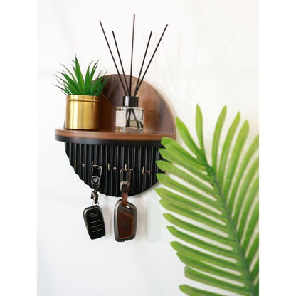 Modern Round Wooden Key Holder with Shelf | Walnut Finish
