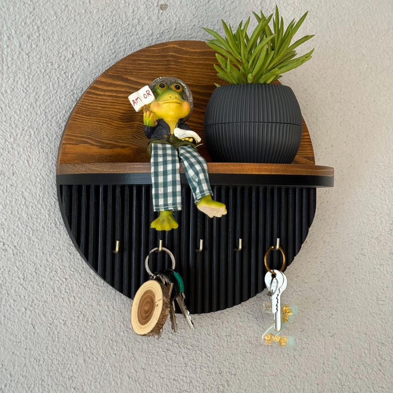 Modern Round Wooden Key Holder with Shelf | Walnut Finish
