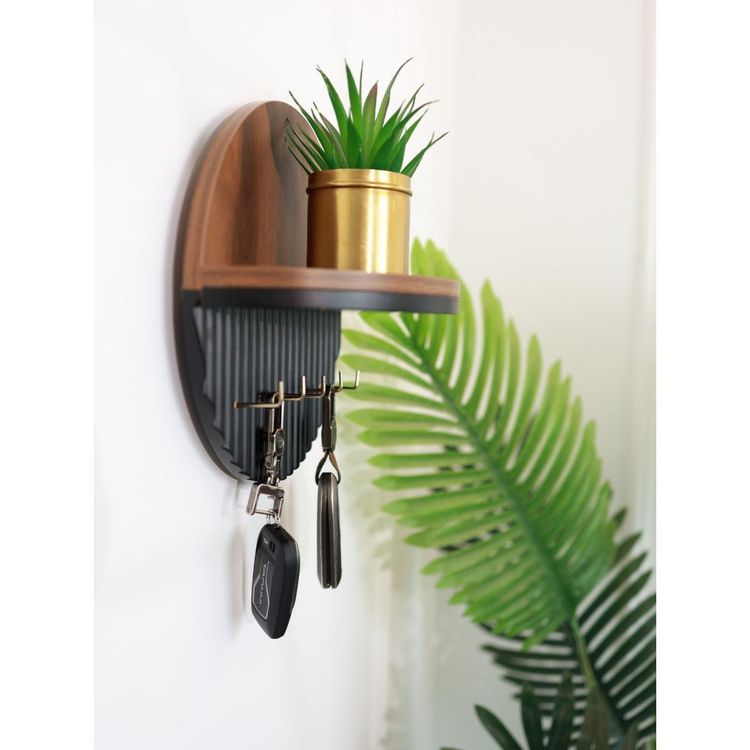 Modern Round Wooden Key Holder with Shelf | Walnut Finish