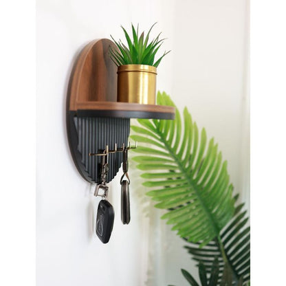 Modern Round Wooden Key Holder with Shelf | Walnut Finish