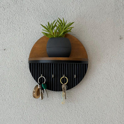 Modern Round Wooden Key Holder with Shelf | Walnut Finish