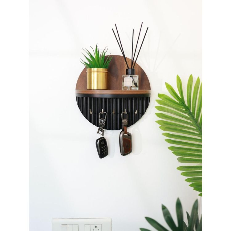 Modern Round Wooden Key Holder with Shelf | Walnut Finish