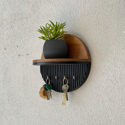 Modern Round Wooden Key Holder with Shelf | Walnut Finish