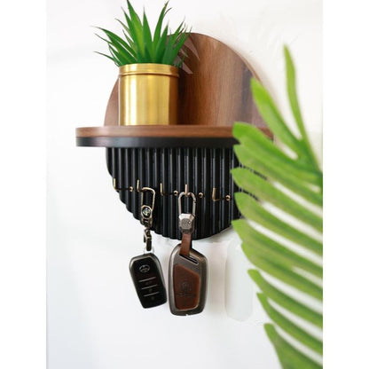 Modern Round Wooden Key Holder with Shelf | Walnut Finish